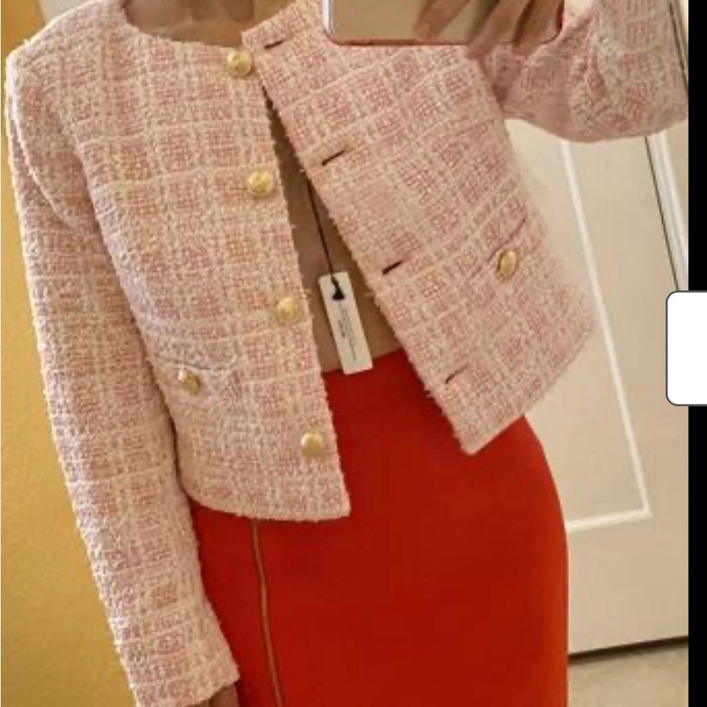 Express Women's Pink and White Tweed Jacket - Picture 5 of 11